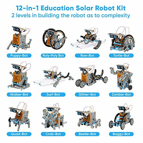 12-in-1 educational solar robot kit with various robot designs.