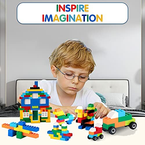Child playing with colorful building blocks on a table.