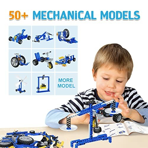 Child playing with mechanical model toys and images of various models.