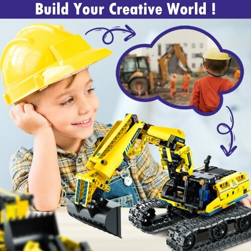 Child wearing a yellow hard hat playing with a toy excavator set.