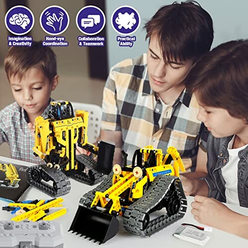 Children building with construction toy set at a table.