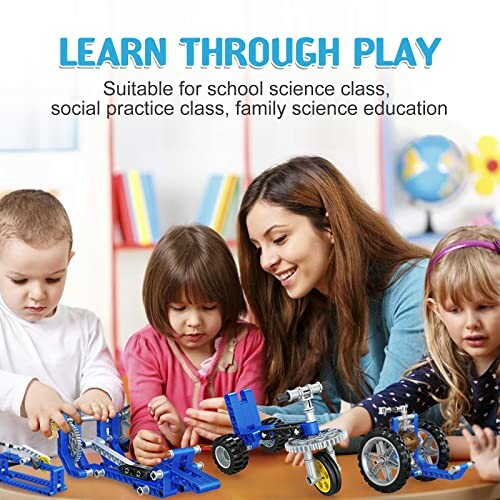 Children and teacher playing with educational toys in a classroom setting.
