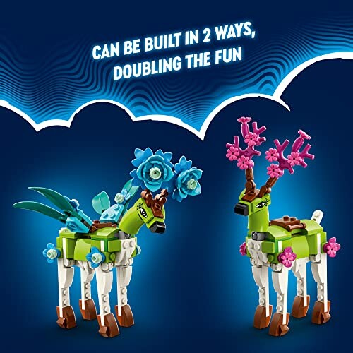 Two LEGO deer models with colorful antlers and flowers.