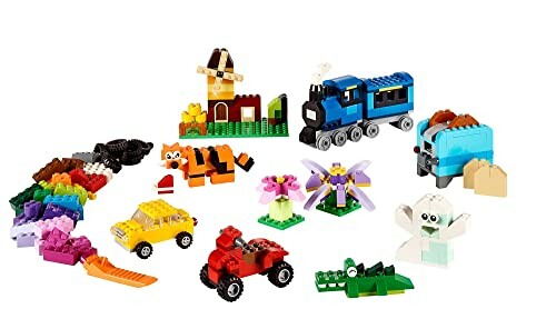 Various colorful LEGO models including vehicles, animals, and buildings.