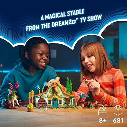 Two children playing with a toy stable from the DreamZzz TV show.