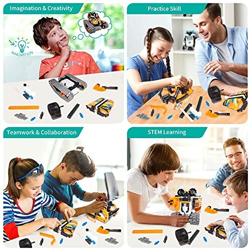 Children engaging with a building toy set, promoting creativity, skills, teamwork, and STEM learning.