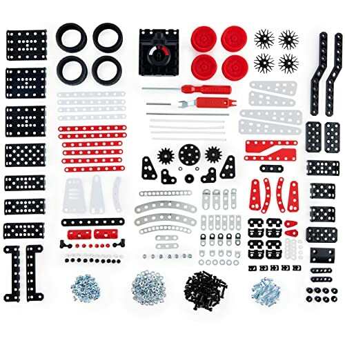 Various erector set parts including gears, beams, wheels, and screws.