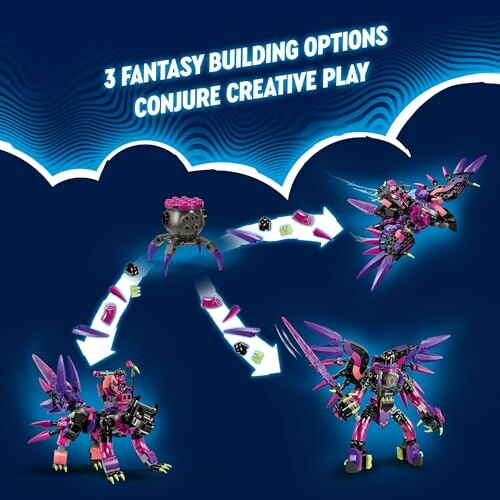 Three fantasy toy building options with creative play theme.