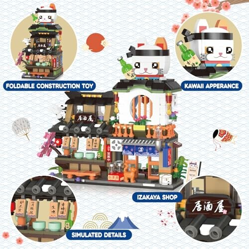 Foldable construction toy featuring a kawaii cat design and izakaya shop with simulated details.