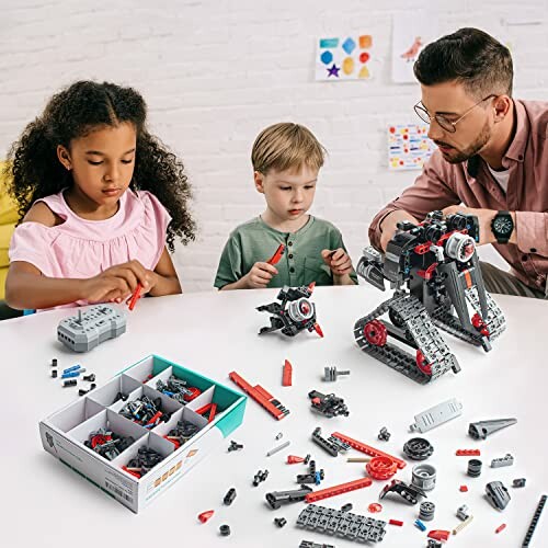 Children and adult assembling a robot toy with LEGO pieces on a table.