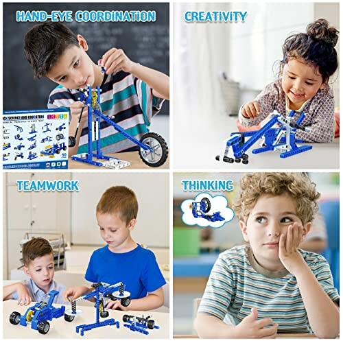 Children playing with construction toys, showcasing hand-eye coordination, creativity, teamwork, and thinking.