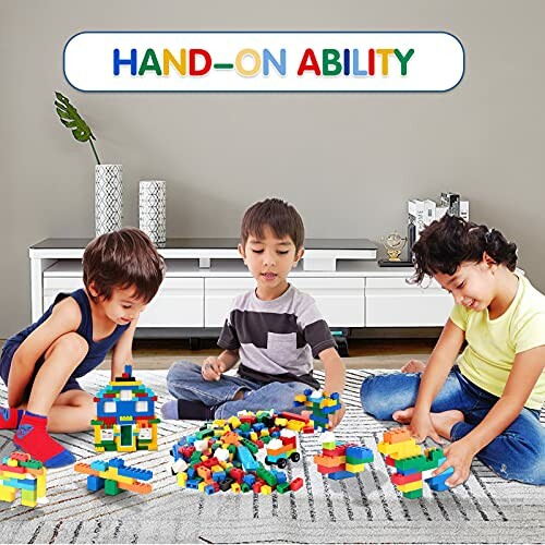 Three children playing with colorful building blocks on the floor.