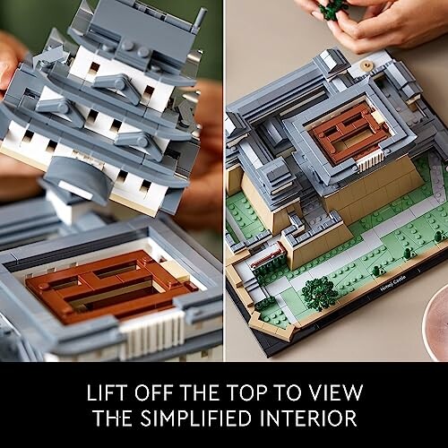Hands lifting top of LEGO architecture set to reveal interior.