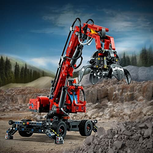 LEGO construction crane with grabber in a quarry setting.