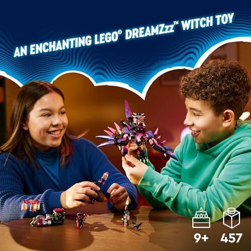 Two children playing with LEGO DREAMZzz witch toy set.