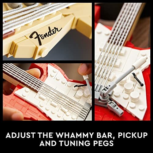 Close-up of LEGO Fender guitar model with adjustable parts.