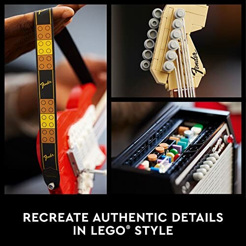 LEGO Fender guitar set with detailed strap, guitar headstock, and amplifier.