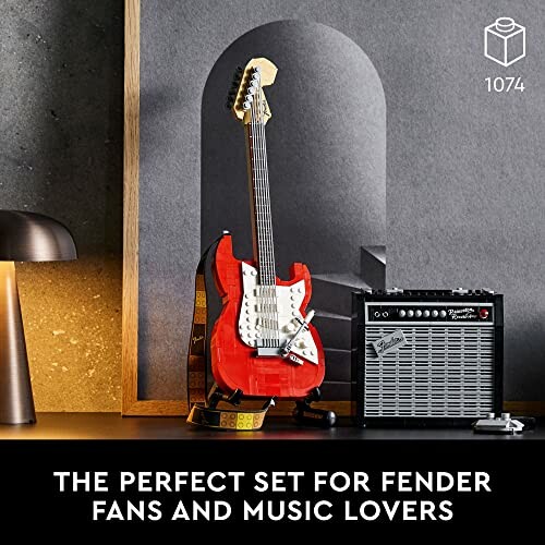LEGO set of a red electric guitar and amplifier.