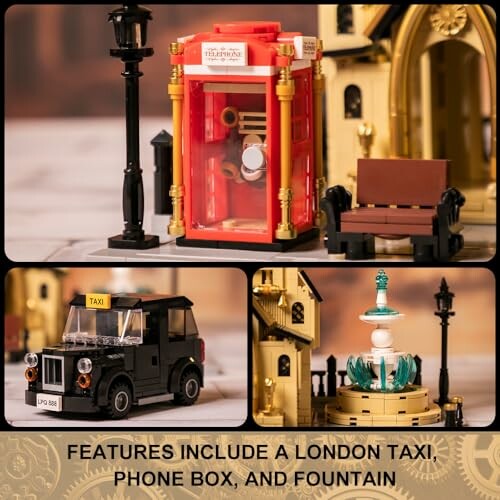 Lego models of a London phone box, taxi, and fountain.