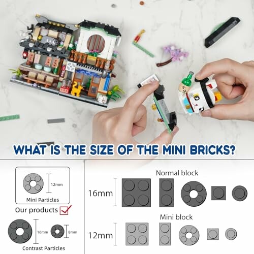 Hands assembling mini bricks with size comparison chart.