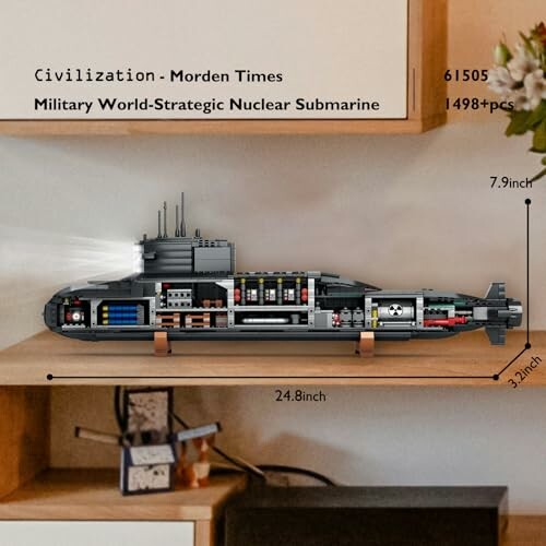 Lego model of a military nuclear submarine displayed on a shelf.