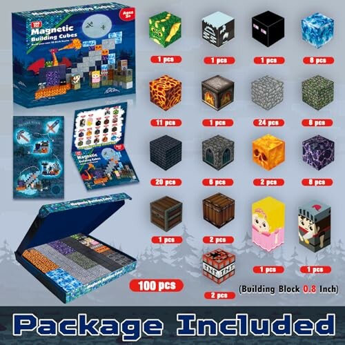 Magnetic building cubes set with various designs and packaging.