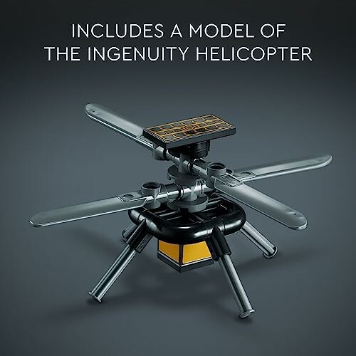 Model of the Ingenuity helicopter with four rotor blades and landing legs.