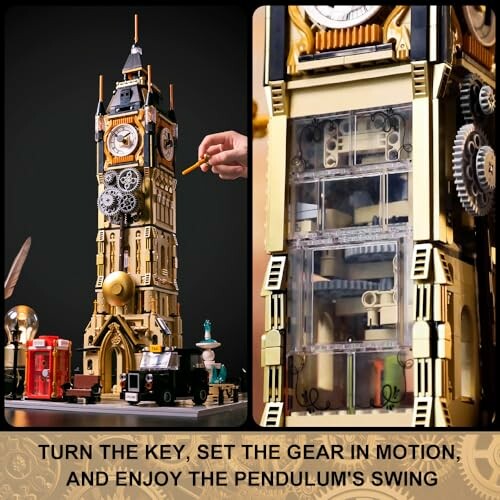 Mechanical clock tower model with gears and pendulum.