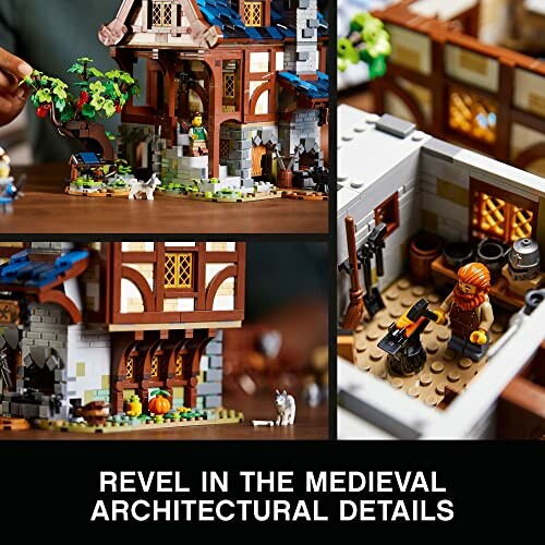 Lego medieval set with architectural details and minifigures.