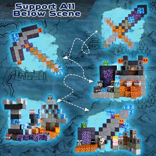 Minecraft-themed toy set with blocks and tools on a blue background.
