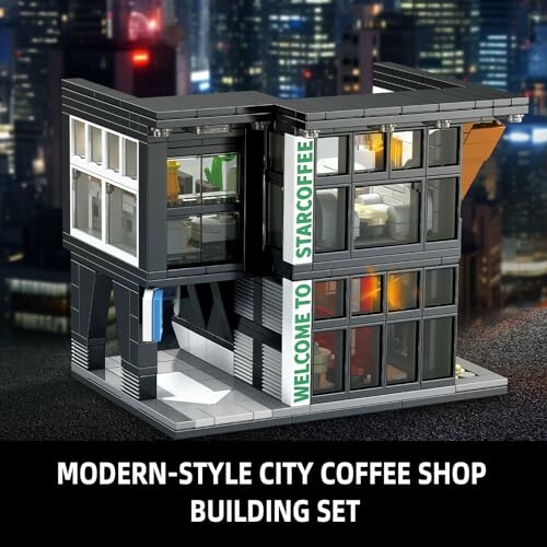 Modern-style city coffee shop building set with cityscape background