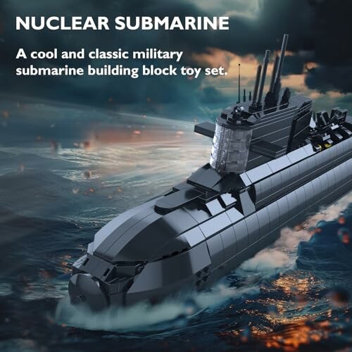 Toy model of a nuclear submarine on water with dramatic sky.
