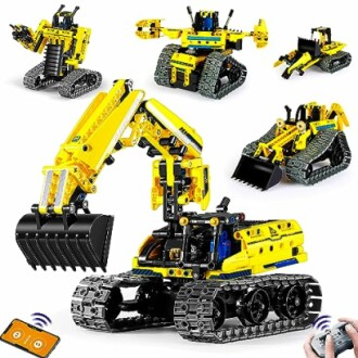 Remote control construction vehicles including excavators and bulldozers.