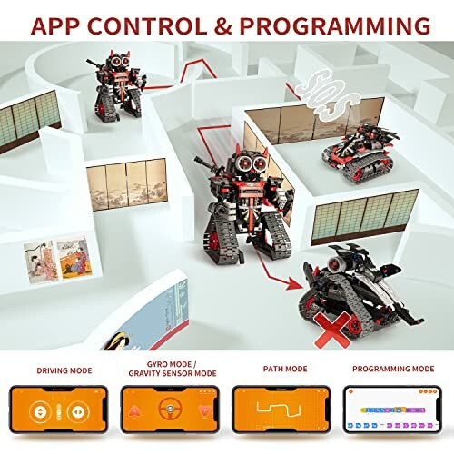Robots navigating a maze with app control and programming modes.