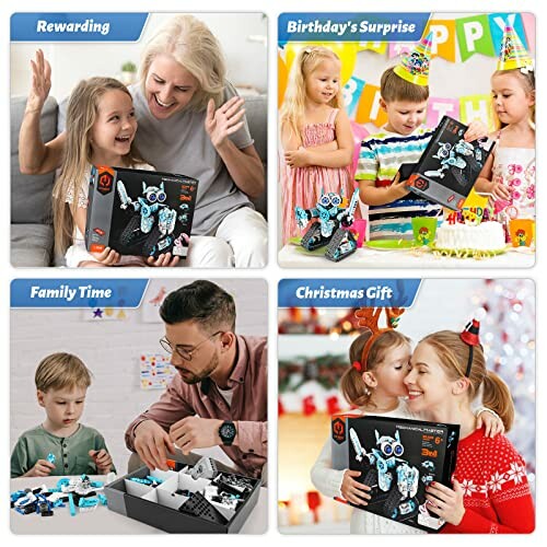 Collage of children and adults enjoying a robot building toy for various occasions.