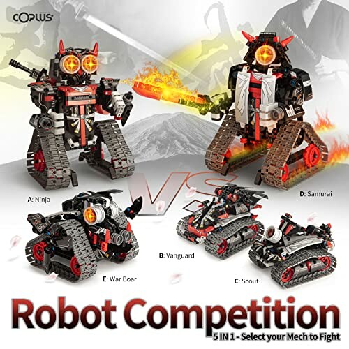 Robot competition toy set with five mech options: Ninja, Samurai, War Boar, Vanguard, and Scout.