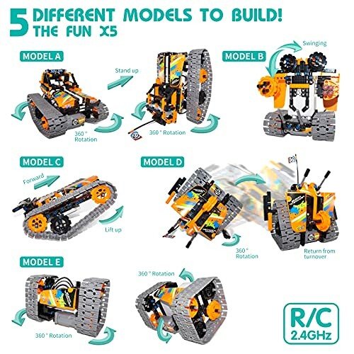 Five different robot toy models with rotation features and remote control.