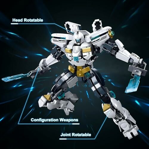 Articulated robot toy with rotatable head and joints, holding weapons