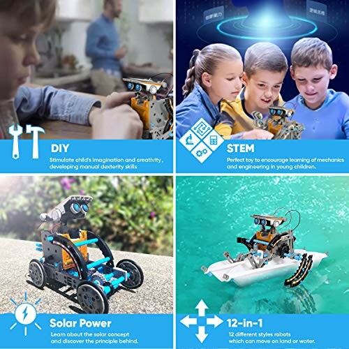 Collage featuring robotics kits for kids with DIY, STEM, solar power, and 12-in-1 features.
