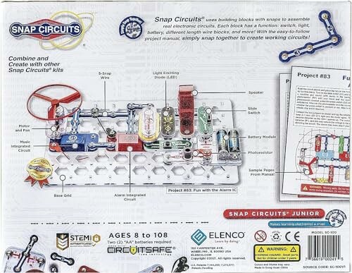 Snap Circuits Junior kit showing electronic components and project example.