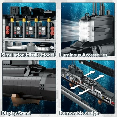 Submarine model with simulation missile, luminous accessories, display stand, and removable design.