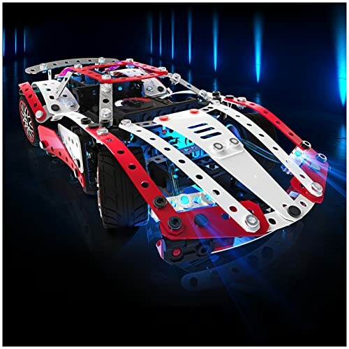 Toy building set of a sports car with blue lights