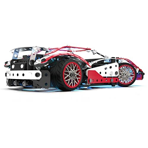 A toy model of a race car with red and white parts.